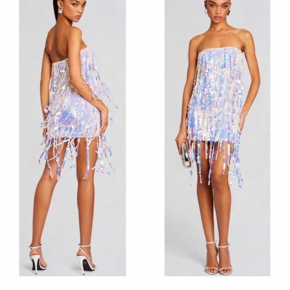 Retrofete Dresses & Skirts - Retrofete Strapless Sequin Fringe Mini Dress in Iridescent Lilac and Blue